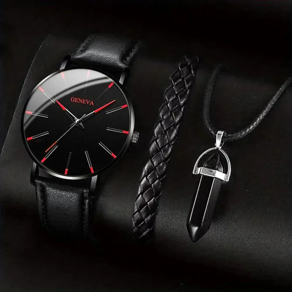 3 Piece Mens Fashion Watch Set Leather Band Quartz Movement