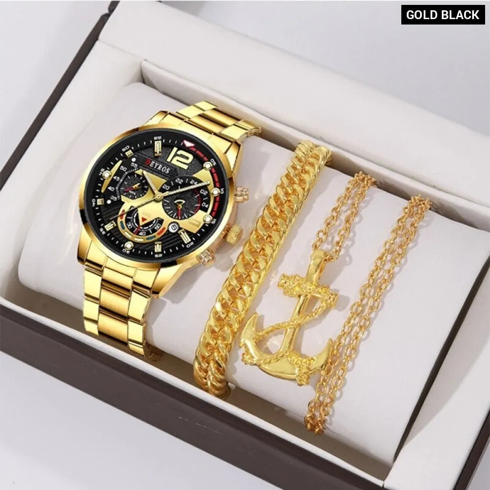 3pcs Set Fashion Mens Business Watches Male Casual Stainless Steel Quartz Wristwatch Men Gold