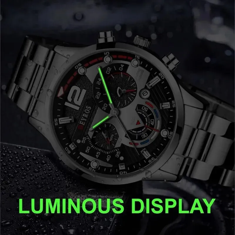 3pcs Set Fashion Mens Business Watches Male Casual Stainless Steel Quartz Wristwatch Men Gold
