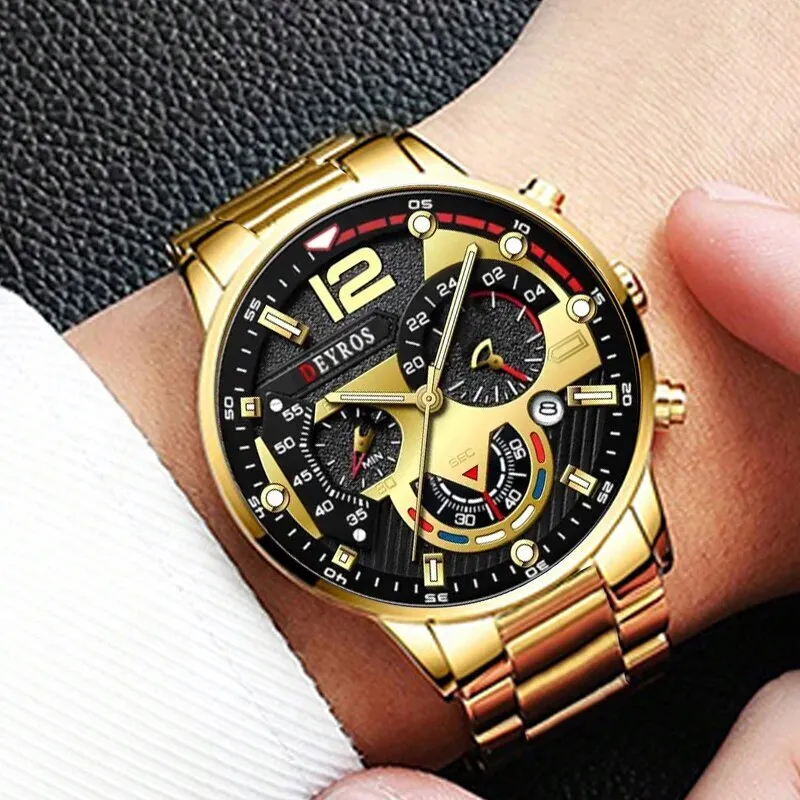 3pcs Set Fashion Mens Business Watches Male Casual Stainless Steel Quartz Wristwatch Men Gold