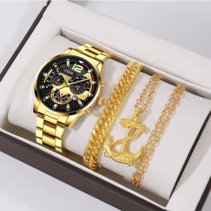 3pcs Set Fashion Mens Business Watches Male Casual Stainless Steel Quartz Wristwatch Men Gold