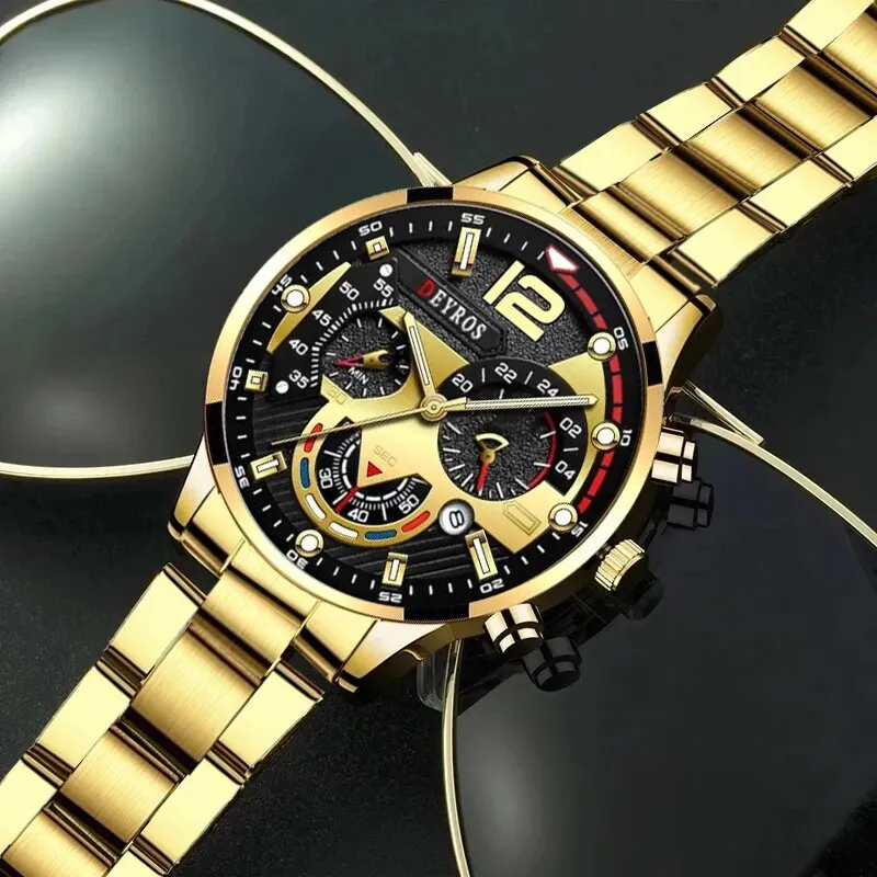 3pcs Set Fashion Mens Business Watches Male Casual Stainless Steel Quartz Wristwatch Men Gold