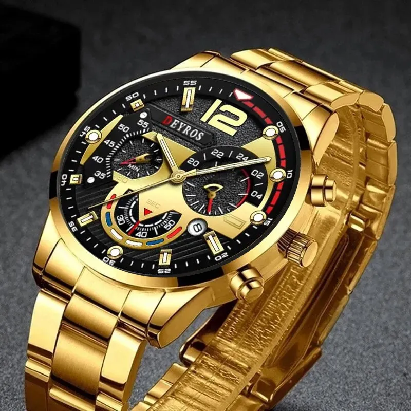 3pcs Set Fashion Mens Business Watches Male Casual Stainless Steel Quartz Wristwatch Men Gold