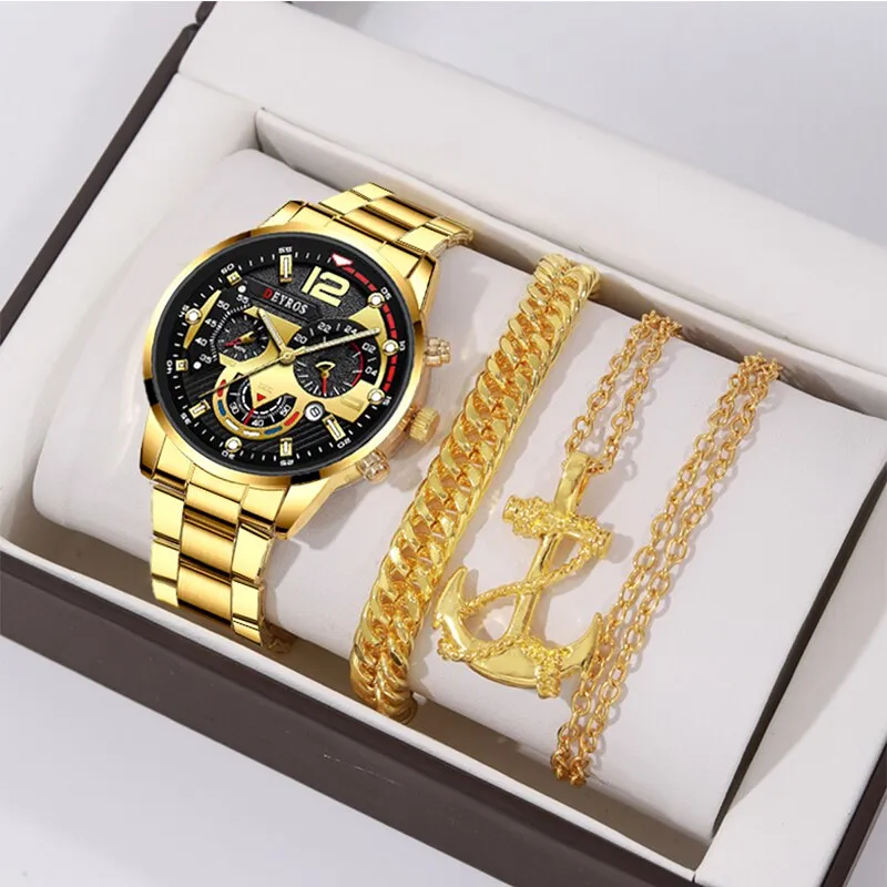 3pcs Set Fashion Mens Business Watches Male Casual Stainless Steel Quartz Wristwatch Men Gold
