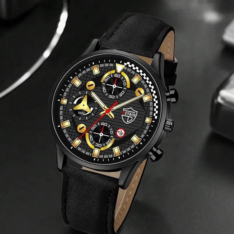 3pcs Set Fashion Mens Sports Bracelet Necklace Watches for Men Business Quartz Wrist Watch Classic Male Casual Leather Watch