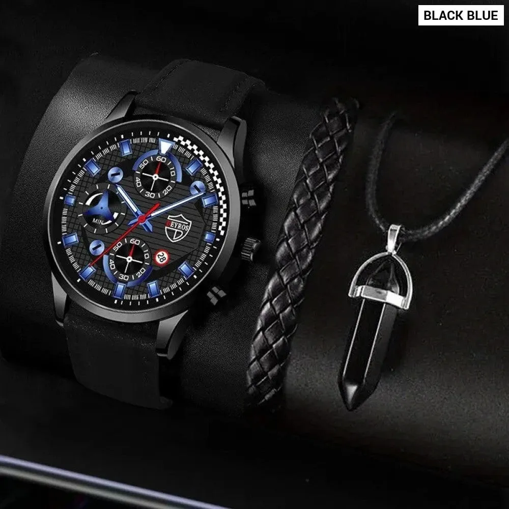 3pcs Set Fashion Mens Sports Bracelet Necklace Watches for Men Business Quartz Wrist Watch Classic Male Casual Leather Watch