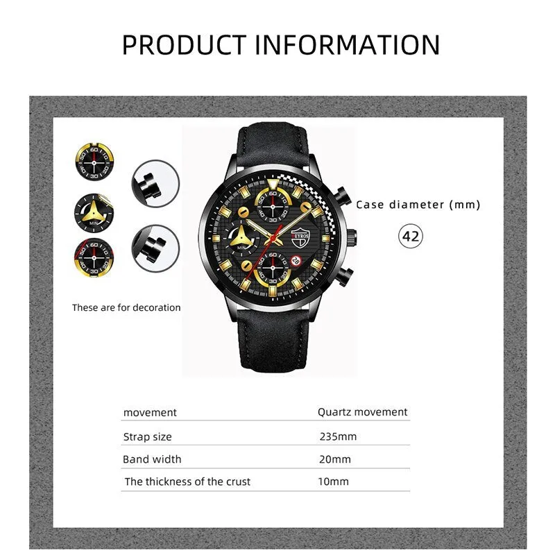 3pcs Set Fashion Mens Sports Bracelet Necklace Watches for Men Business Quartz Wrist Watch Classic Male Casual Leather Watch