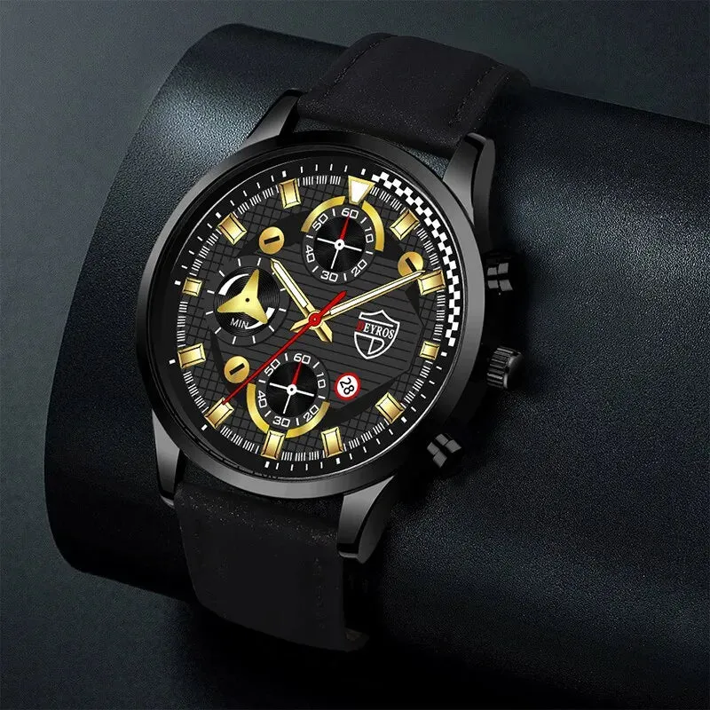 3pcs Set Fashion Mens Sports Bracelet Necklace Watches for Men Business Quartz Wrist Watch Classic Male Casual Leather Watch
