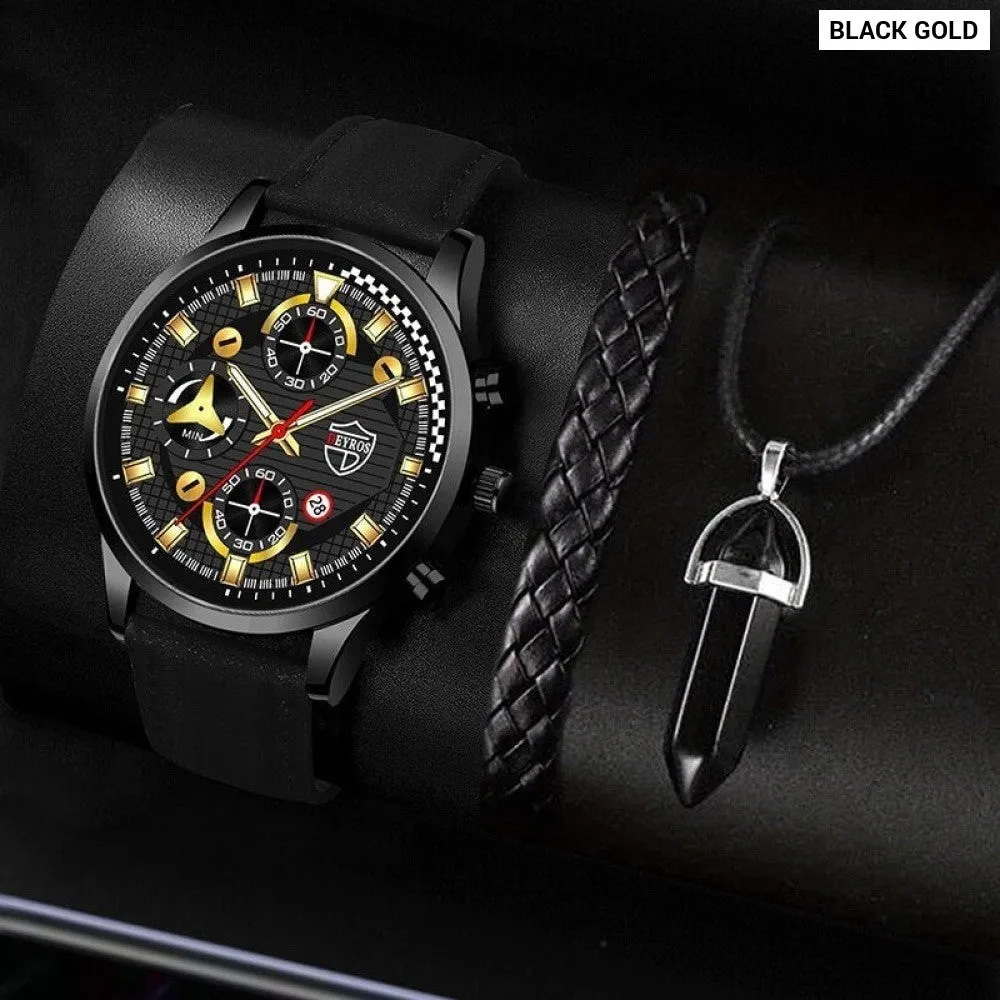 3pcs Set Fashion Mens Sports Bracelet Necklace Watches for Men Business Quartz Wrist Watch Classic Male Casual Leather Watch