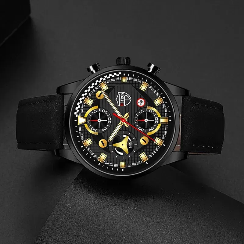 3pcs Set Fashion Mens Sports Bracelet Necklace Watches for Men Business Quartz Wrist Watch Classic Male Casual Leather Watch