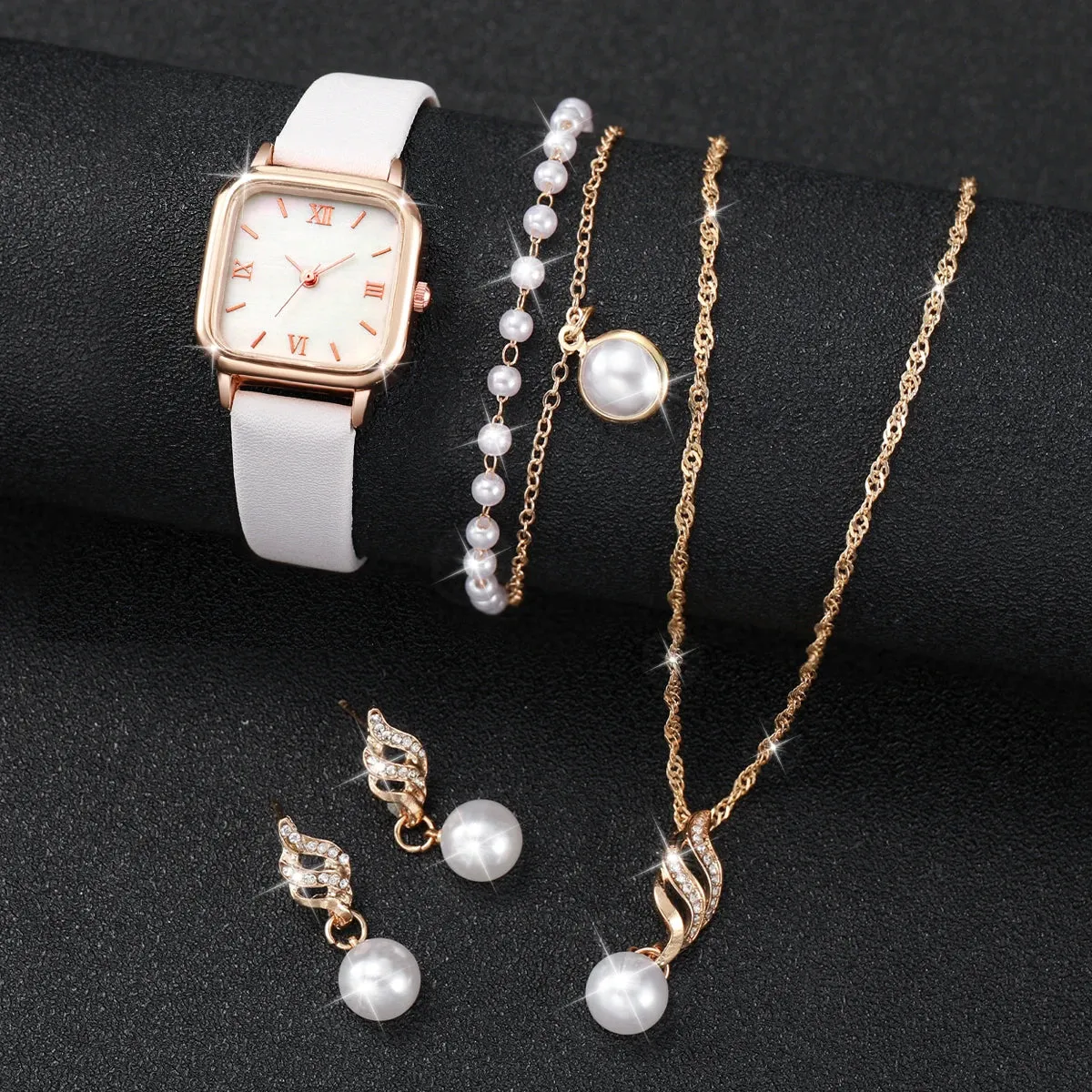 5 Piece Square Leather Band Quartz Movement Watch Set