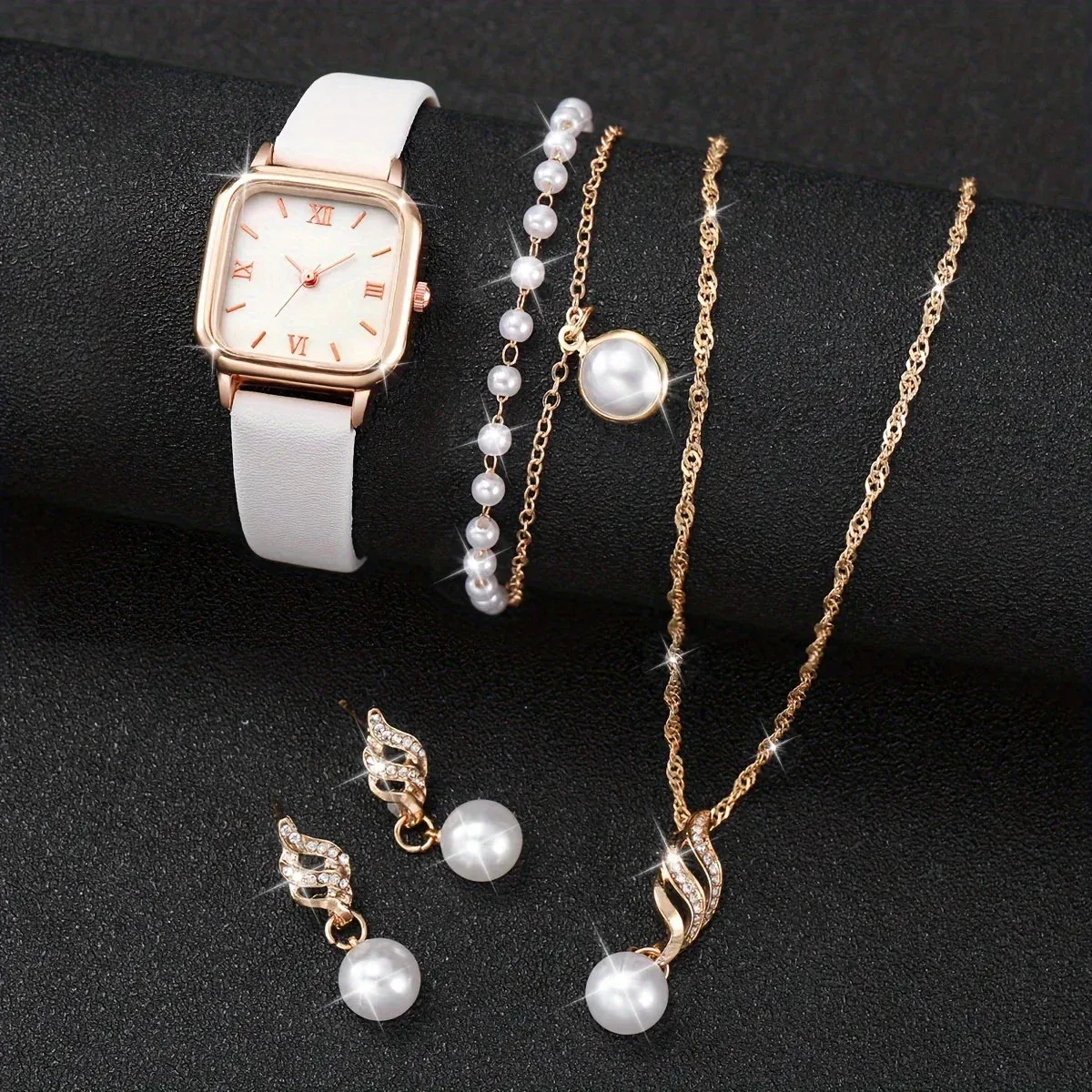 5 Piece Square Leather Band Quartz Movement Watch Set