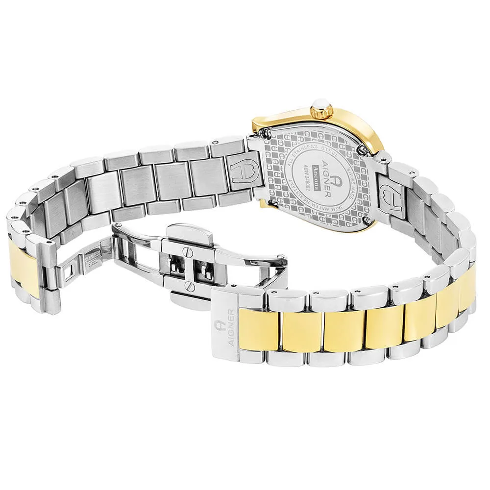 Aigner Ancona Ladies White Dial Stainless Steel Silver Gold Plated Watch
