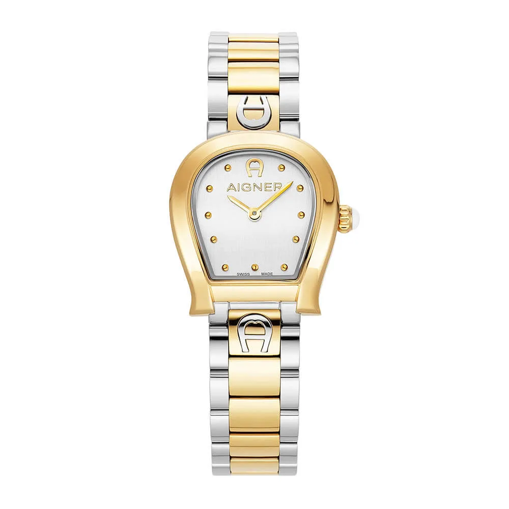 Aigner Ancona Ladies White Dial Stainless Steel Silver Gold Plated Watch
