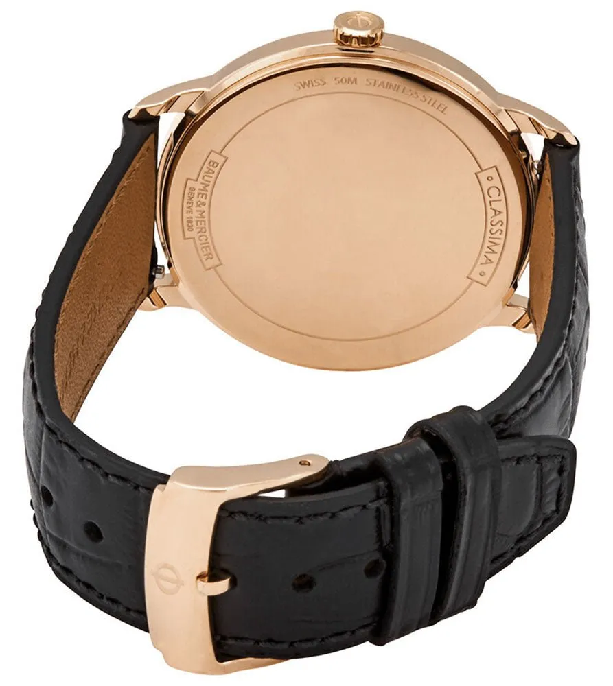 Baume & Mercier Classima Rose Gold PVD White Dial Black Leather Strap Date Quartz Mens Watch M0A10441