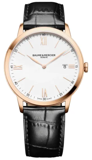 Baume & Mercier Classima Rose Gold PVD White Dial Black Leather Strap Date Quartz Mens Watch M0A10441