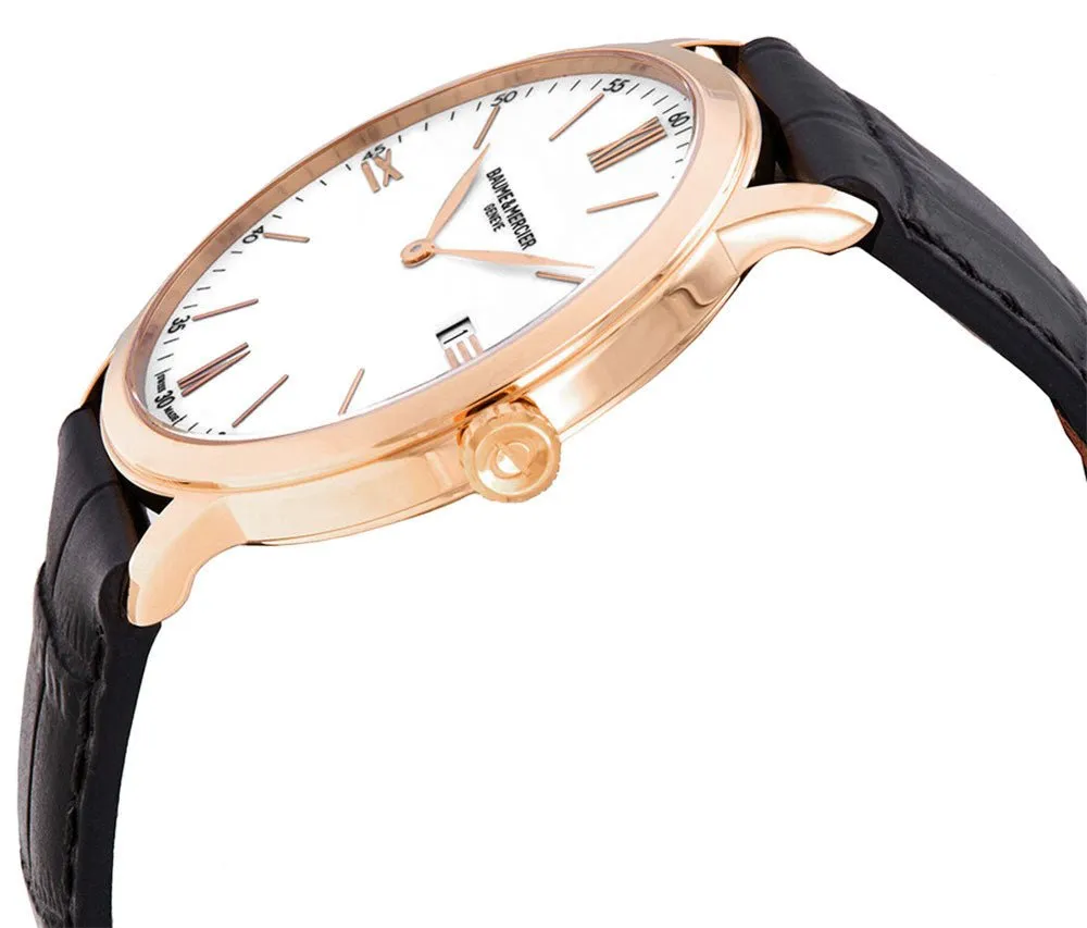 Baume & Mercier Classima Rose Gold PVD White Dial Black Leather Strap Date Quartz Mens Watch M0A10441