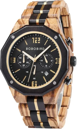 BOBO BIRD Men's Wooden Watch Sport Fashion Wristwatch Casual Chronograph Quartz Watches Men's Wood Stainless Steel Strap Watch with Date Display