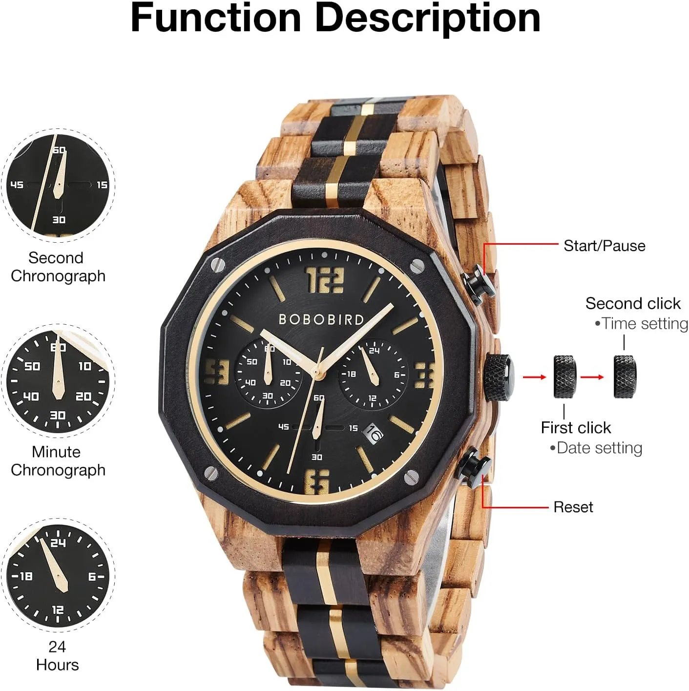 BOBO BIRD Men's Wooden Watch Sport Fashion Wristwatch Casual Chronograph Quartz Watches Men's Wood Stainless Steel Strap Watch with Date Display