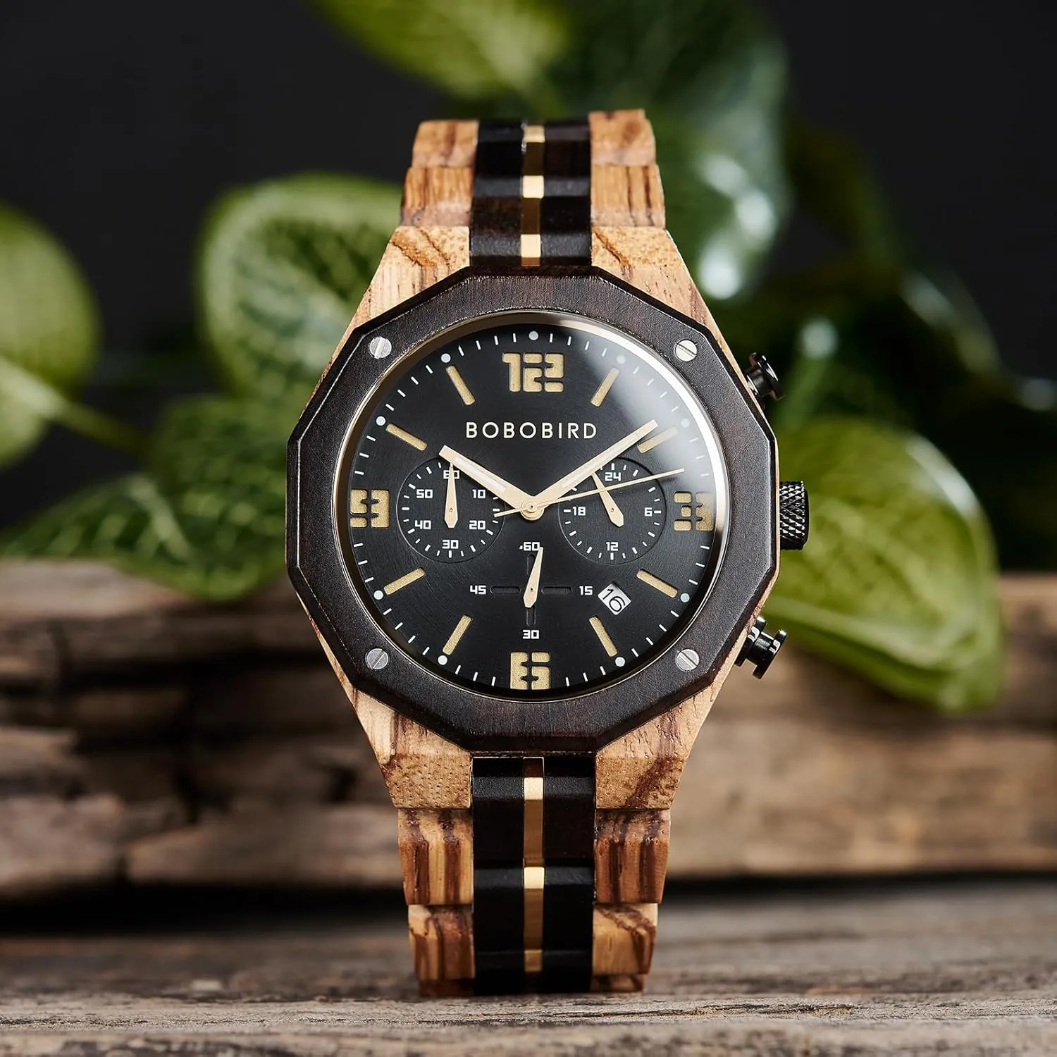 BOBO BIRD Men's Wooden Watch Sport Fashion Wristwatch Casual Chronograph Quartz Watches Men's Wood Stainless Steel Strap Watch with Date Display