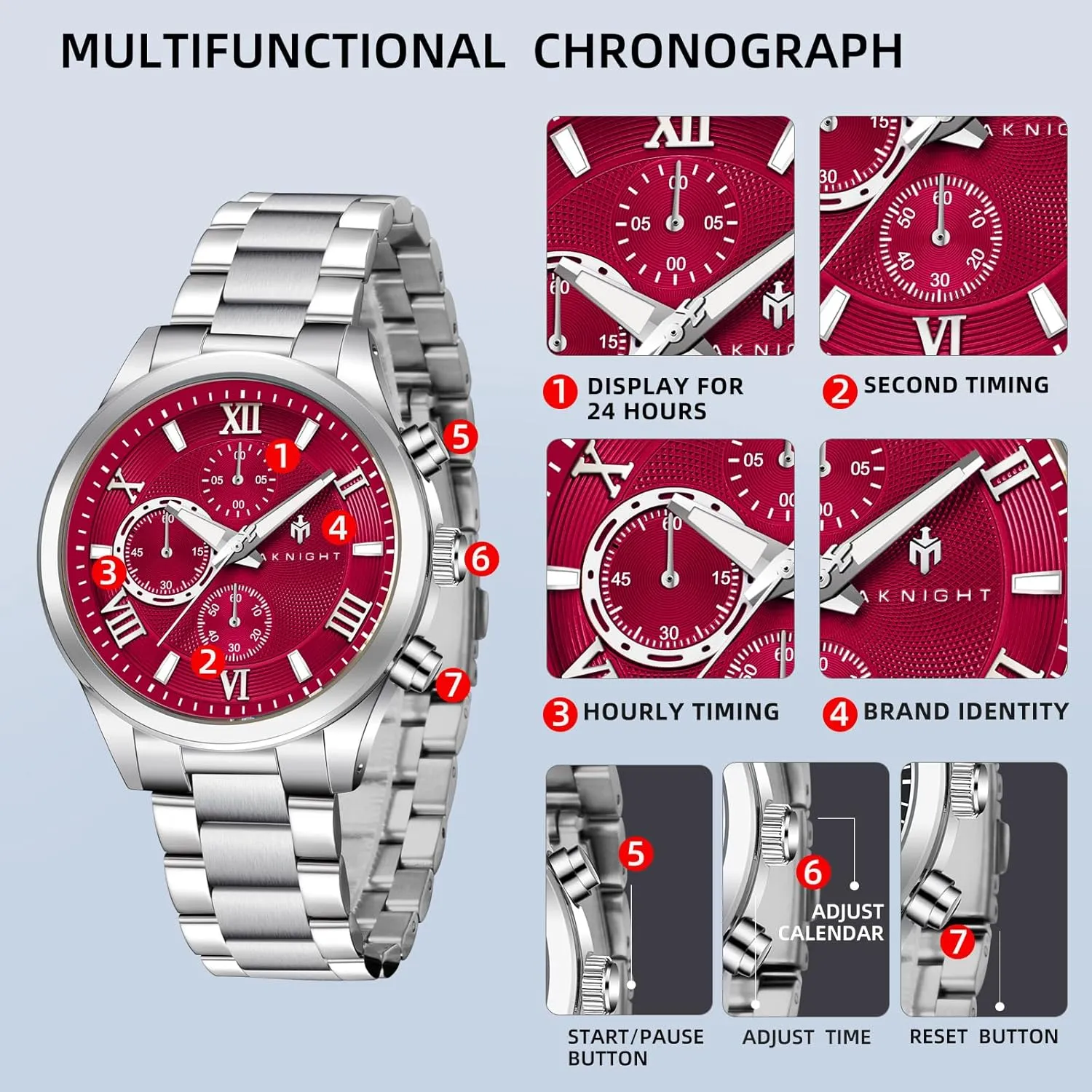 BY BENYAR AKNIGHT Men's Watches Analog Quartz Chronograph Waterproof Luminous Big Face Stainless Steel Strap Watches for Men Colourful Fashion Dress Men's Wrist Watches