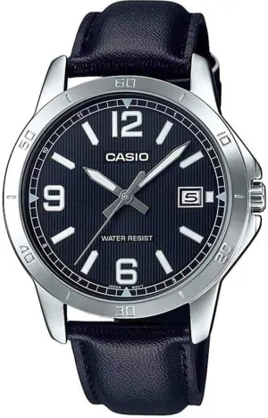 Casio MTP-V004L-1B Men's Stainless Steel Black Leather Band Black Dial Date Watch