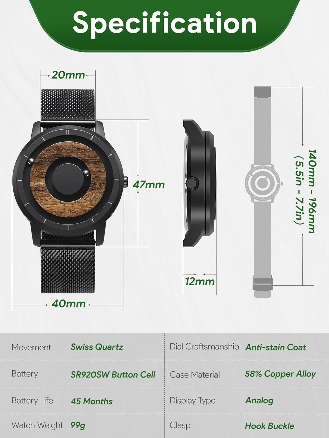 EUTOUR Mens Watches Men Wooden Watches Magnetic Watches Analogue Mens Swiss Quartz Watch Natural Wood Case Stainless Steel Mesh/Resin Strap 40mm