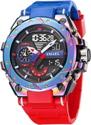 FANMIS Mens Analog Digital Sports Watch Large Face Outdoor Sports Waterproof Military Wrist Watches with Date Multifunction Tactics LED Army Stopwatch (X-Red)