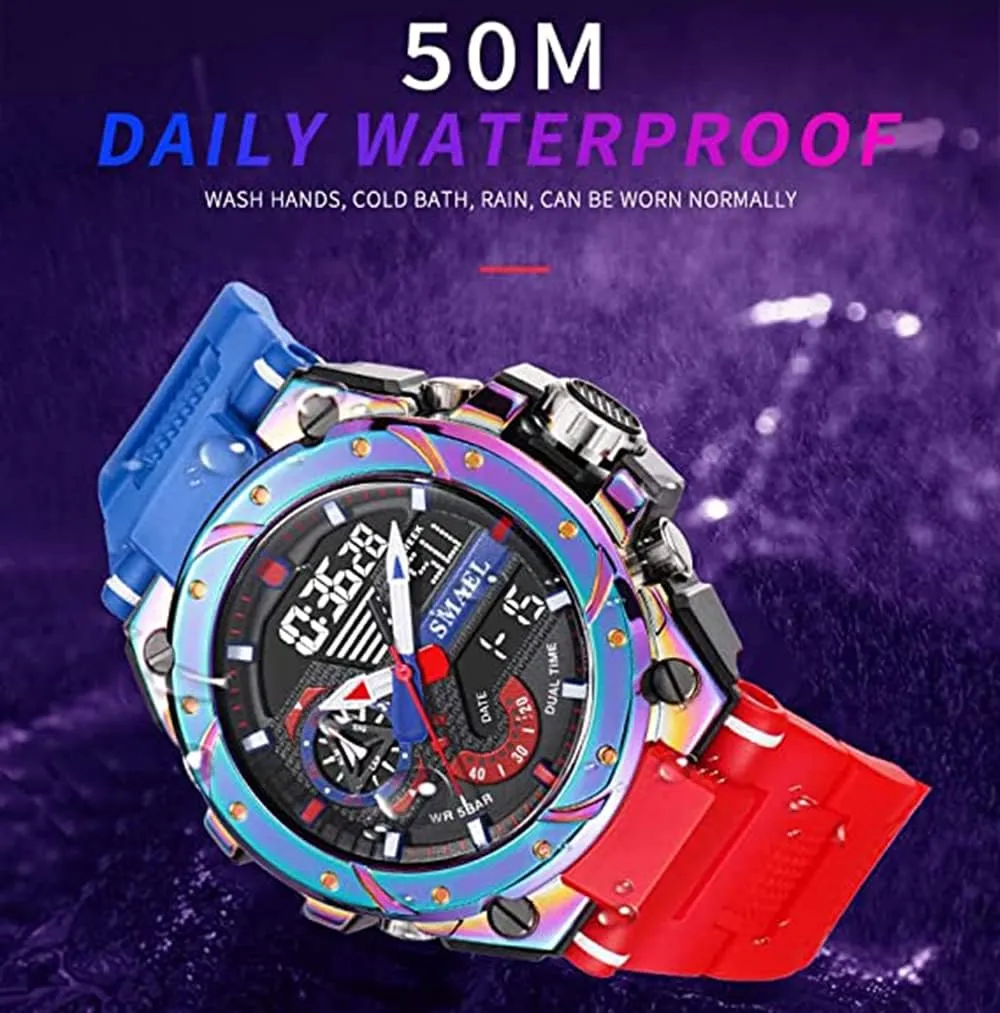 FANMIS Mens Analog Digital Sports Watch Large Face Outdoor Sports Waterproof Military Wrist Watches with Date Multifunction Tactics LED Army Stopwatch (X-Red)