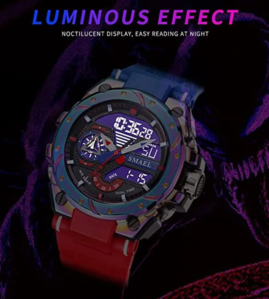 FANMIS Mens Analog Digital Sports Watch Large Face Outdoor Sports Waterproof Military Wrist Watches with Date Multifunction Tactics LED Army Stopwatch (X-Red)