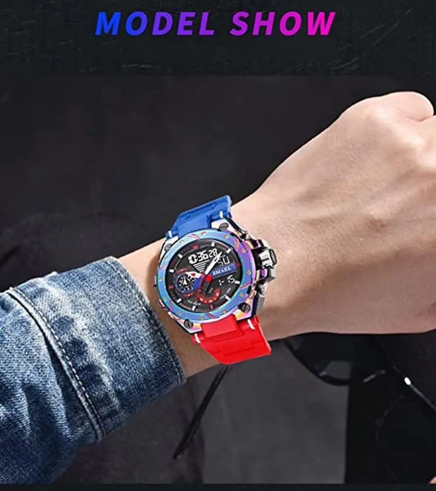FANMIS Mens Analog Digital Sports Watch Large Face Outdoor Sports Waterproof Military Wrist Watches with Date Multifunction Tactics LED Army Stopwatch (X-Red)
