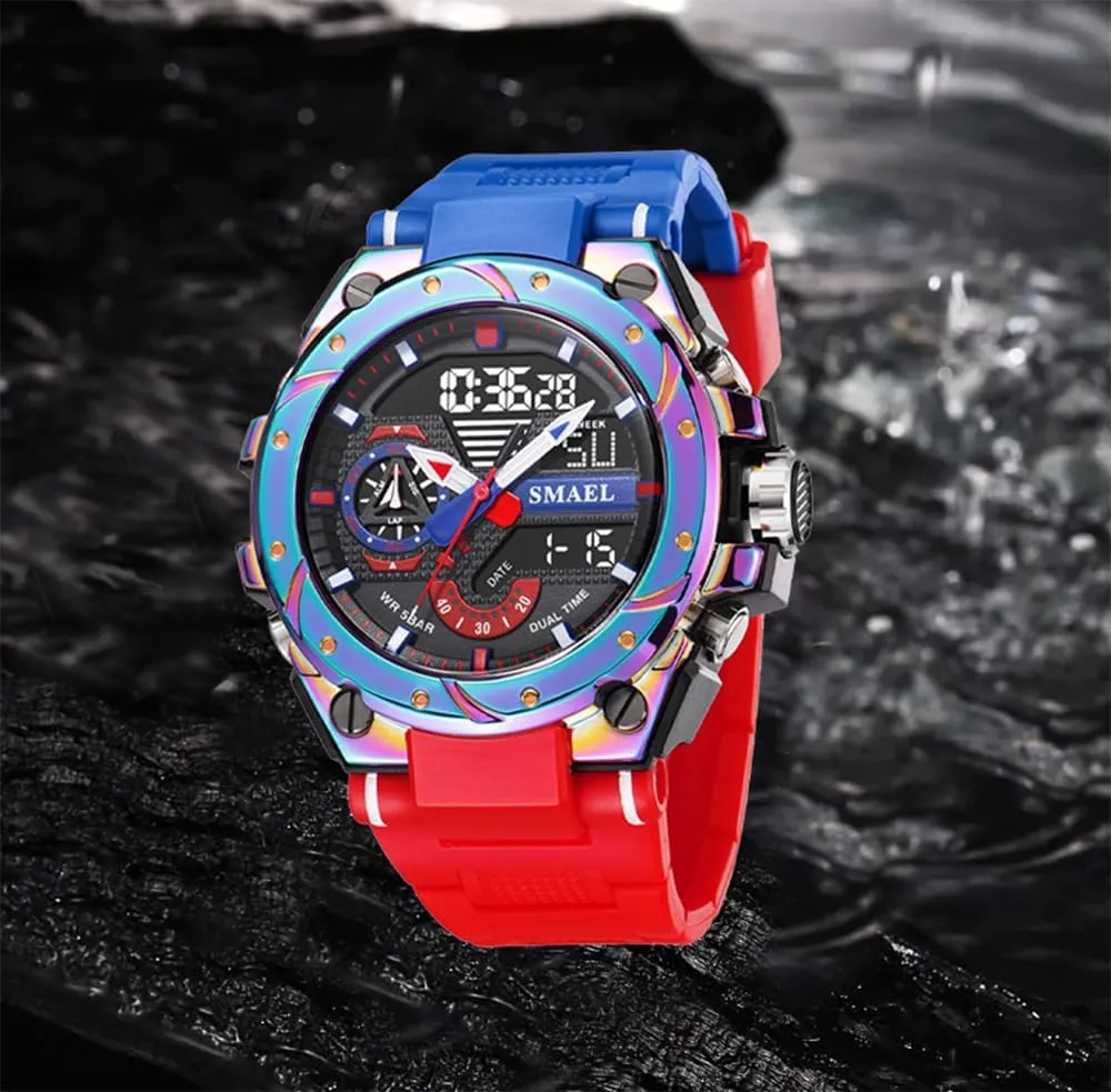 FANMIS Mens Analog Digital Sports Watch Large Face Outdoor Sports Waterproof Military Wrist Watches with Date Multifunction Tactics LED Army Stopwatch (X-Red)