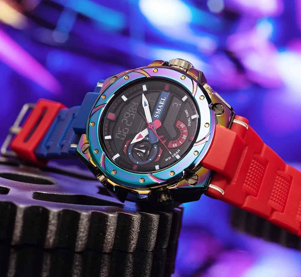 FANMIS Mens Analog Digital Sports Watch Large Face Outdoor Sports Waterproof Military Wrist Watches with Date Multifunction Tactics LED Army Stopwatch (X-Red)