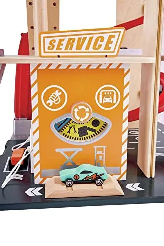 Garage Kids Wooden Toy, Hape Gearhead Stunt  Car Parking Garage Playset w/ Elevator and 2 Exit Tracks, Detachable Loop