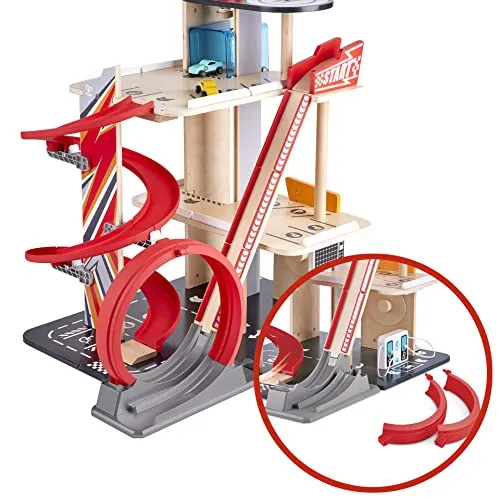 Garage Kids Wooden Toy, Hape Gearhead Stunt  Car Parking Garage Playset w/ Elevator and 2 Exit Tracks, Detachable Loop