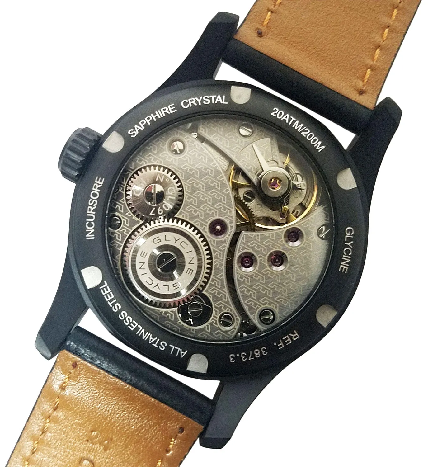 Glycine Incursore Manual Wind Black PVD Steel Mens Strap Swiss Watch 3873.91 LB9B