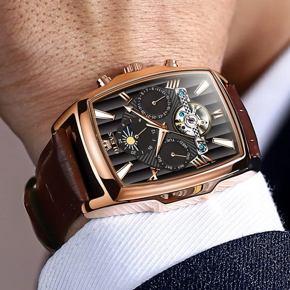 OLEVS Mechanical Dress Mens Watches Square Brown Leather Strap Moon Phase Skeleton Tourbillion Day Date Waterproof Luminous Men's Wrist Watches