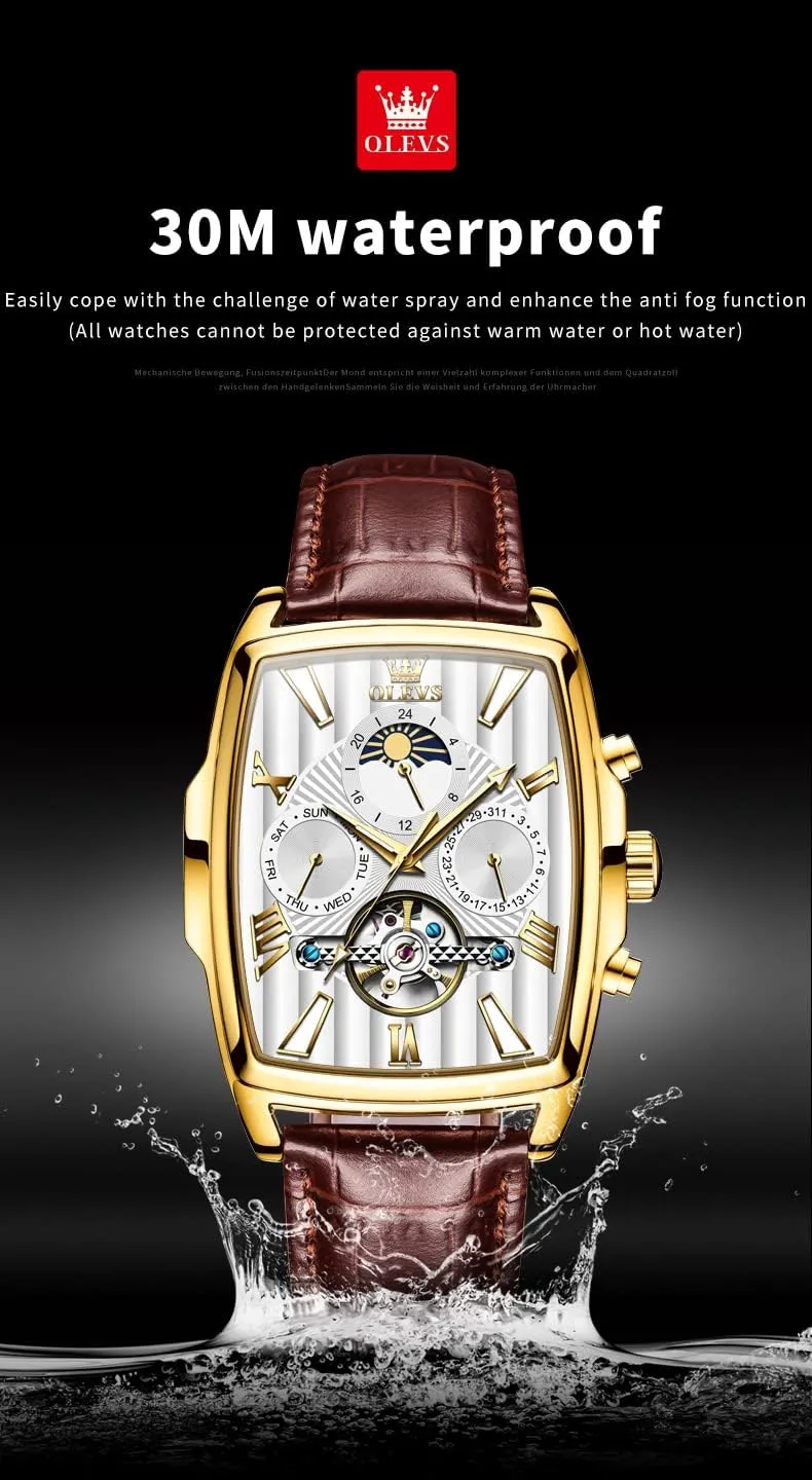 OLEVS Mechanical Dress Mens Watches Square Brown Leather Strap Moon Phase Skeleton Tourbillion Day Date Waterproof Luminous Men's Wrist Watches