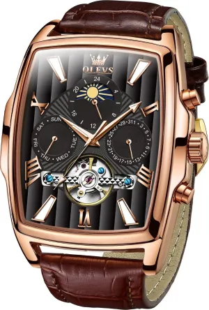 OLEVS Mechanical Dress Mens Watches Square Brown Leather Strap Moon Phase Skeleton Tourbillion Day Date Waterproof Luminous Men's Wrist Watches
