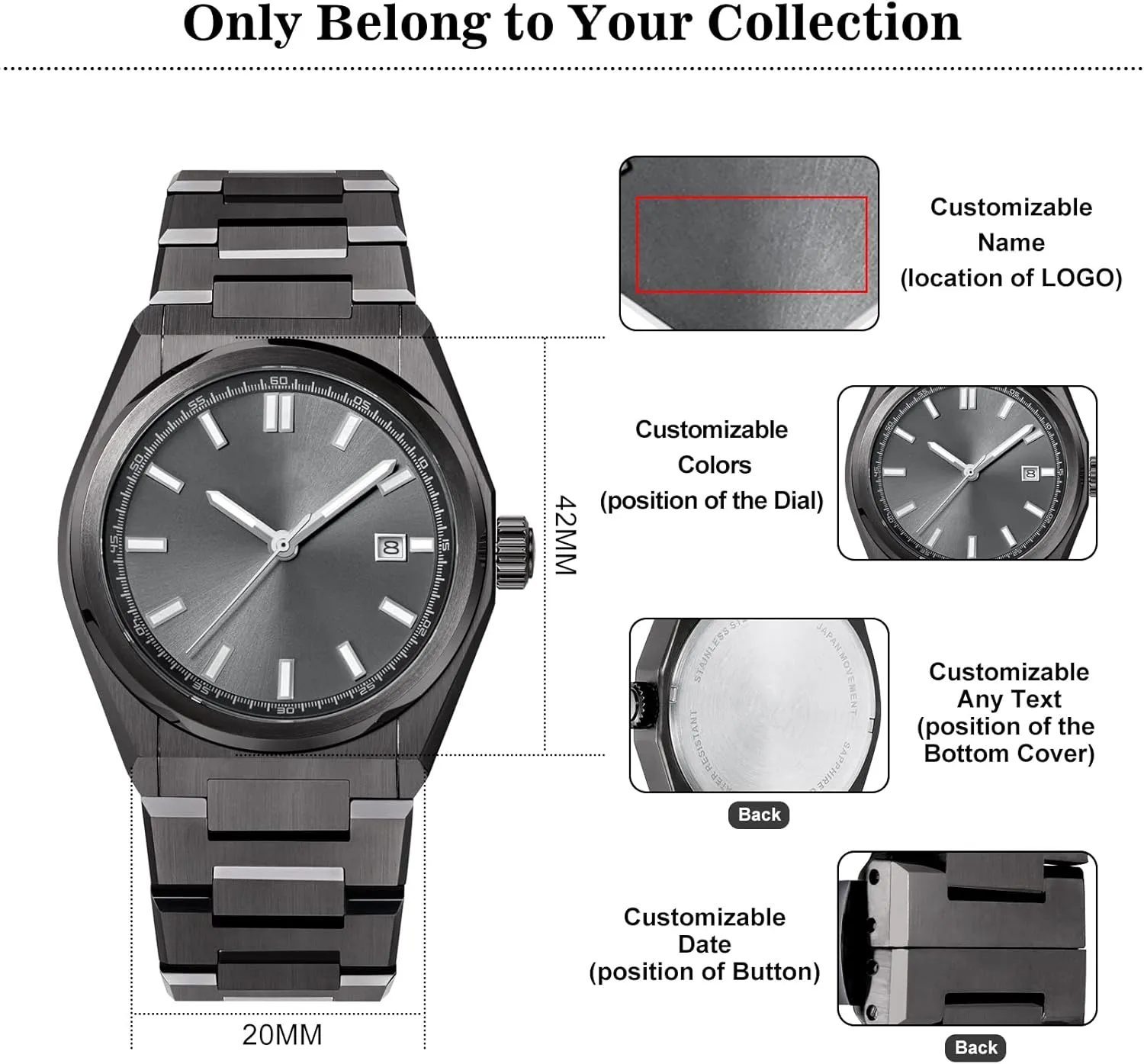 Personalized Watch for Men, Custom Watch Engraving Birthday Gift for Husband Father & Son, Luminous Stainless Steel Engraved Mens Quartz Wrist Watches, 10Bar W.R. and Sapphire Glass (42mm)