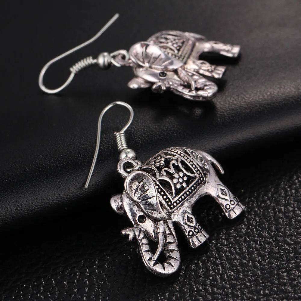 VINTAGE SILVER HOLLOW CARVED ELEPHANT DROP EARRINGS