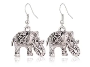 VINTAGE SILVER HOLLOW CARVED ELEPHANT DROP EARRINGS