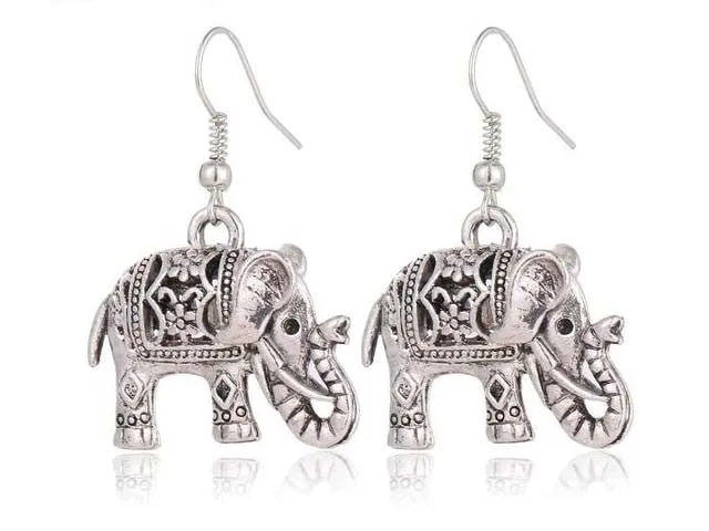 VINTAGE SILVER HOLLOW CARVED ELEPHANT DROP EARRINGS