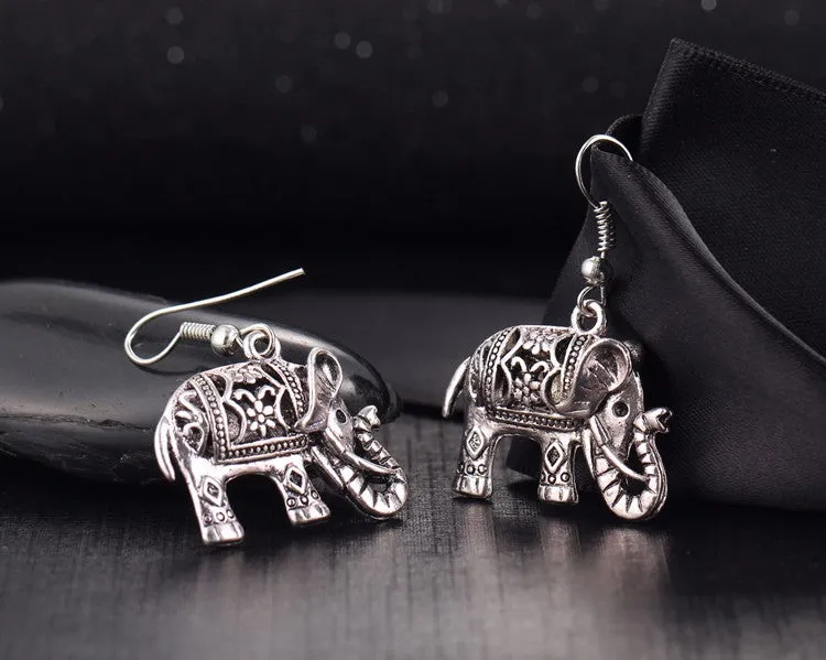 VINTAGE SILVER HOLLOW CARVED ELEPHANT DROP EARRINGS