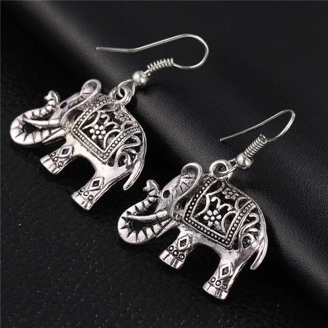 VINTAGE SILVER HOLLOW CARVED ELEPHANT DROP EARRINGS