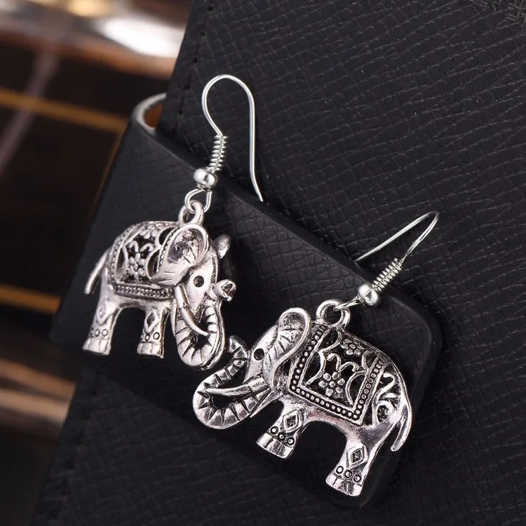 VINTAGE SILVER HOLLOW CARVED ELEPHANT DROP EARRINGS