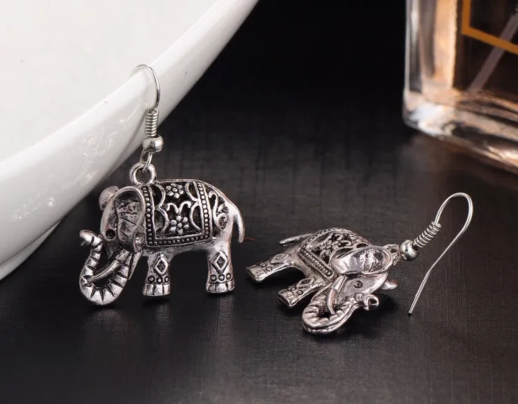 VINTAGE SILVER HOLLOW CARVED ELEPHANT DROP EARRINGS